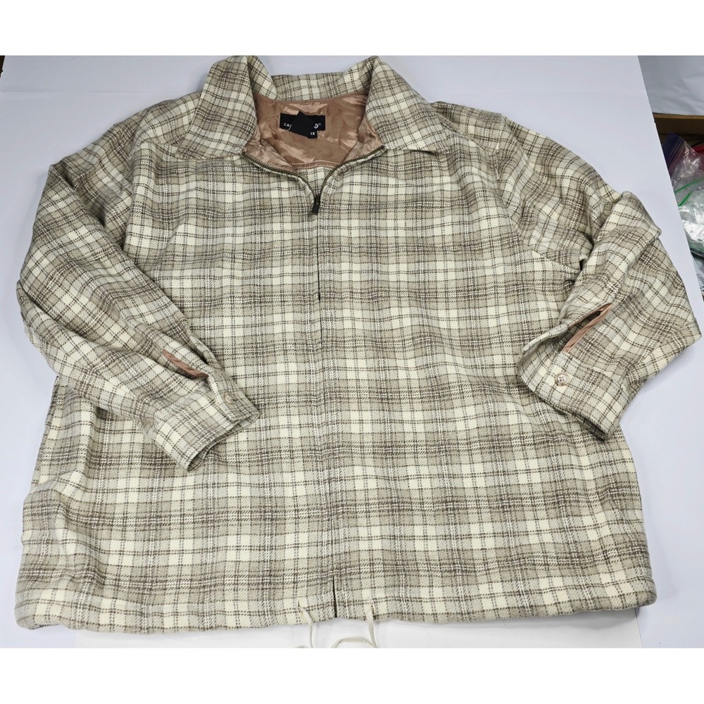 Carole Little II Womens 1X Plaid Zip Up Jacket Cream Brown Made in USA